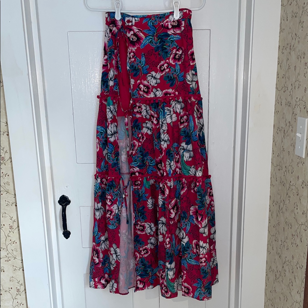 Pink And Blue Floral Maxi Skirt With Slit